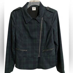 CAbi Tartan Green Blue‎ Plaid Academia Asymmetric Career Zip Moto BlazerJacket 8